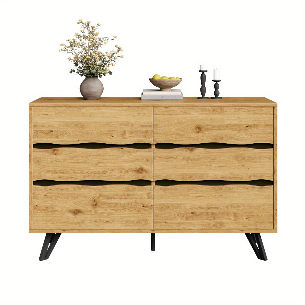 Dressoir – Sideboard – Opbergkast – Ladenkast – Kast – Natuurlijk Kleur – 6 Lades – Metalen Pootjes – Ruime Opbergruimte – Eenvoudige Montage