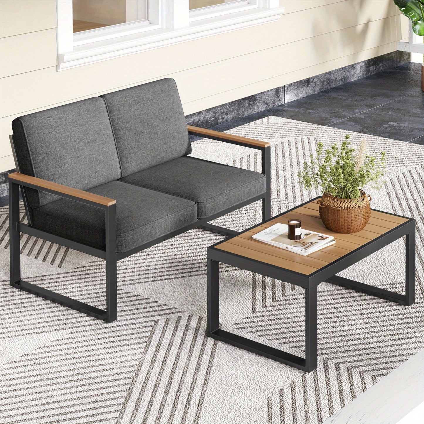 4-delige Loungeset – Tuinmeubelset – Balkonset – Terrasmeubilair – Buitenmeubelset – Aluminium Frame – Hout-Plastic Armleuningen & Tafelblad – Comfortabele Olefin Kussens – Roestvrij & Duurzaam – Grijs