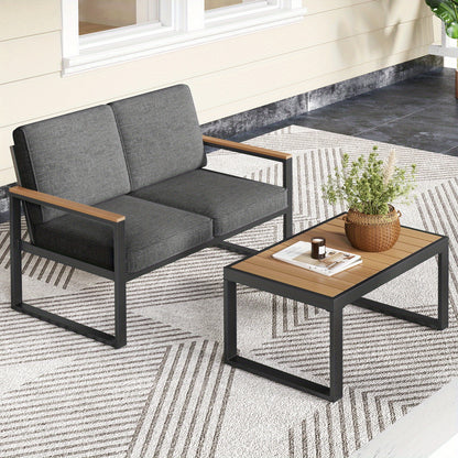 4-delige Loungeset – Tuinmeubelset – Balkonset – Terrasmeubilair – Buitenmeubelset – Aluminium Frame – Hout-Plastic Armleuningen & Tafelblad – Comfortabele Olefin Kussens – Roestvrij & Duurzaam – Grijs