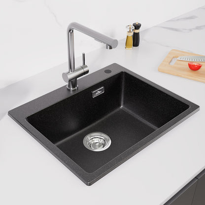 Keukenbak Kwartssteen – Gootsteen – Spoelbak – Keukenspoelbak – Enkele Kom – Zwart – 55x45 cm – Krasvast & Hittebestendig – Overloop & Afvoersysteem