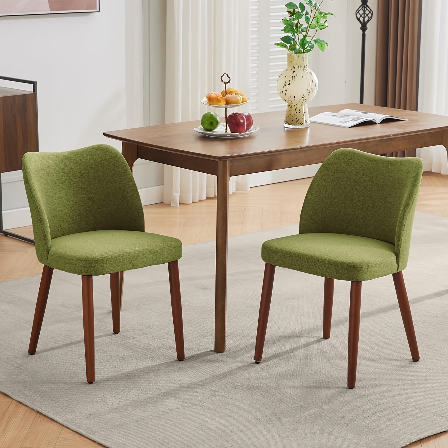 Dining Chair Set of 2 | Mid Century Kitchen Chair with Seat, Ergonomic Solid Back Style, Green Color for Living Room, Restaurant, Coffee Bar - MERXENG