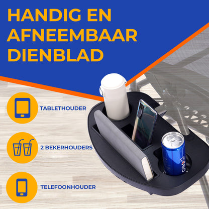 Verstelbare Tuinstoel – Loungestoel – Ligstoel – Balkonstoel – Strandstoel – Set Van 2 – Inklapbaar Met Zonwering – Afneembare Kussens En Bekerhouders – Zwart