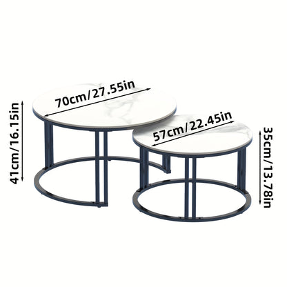 Salontafel – Bijzettafel – Woonkamertafel – Koffietafel – Nestbare Tafels – Set Van 2 – Wit Marmerlook – Zwart Metalen Frame – Groot 70x40 cm – Klein 57x35 cm