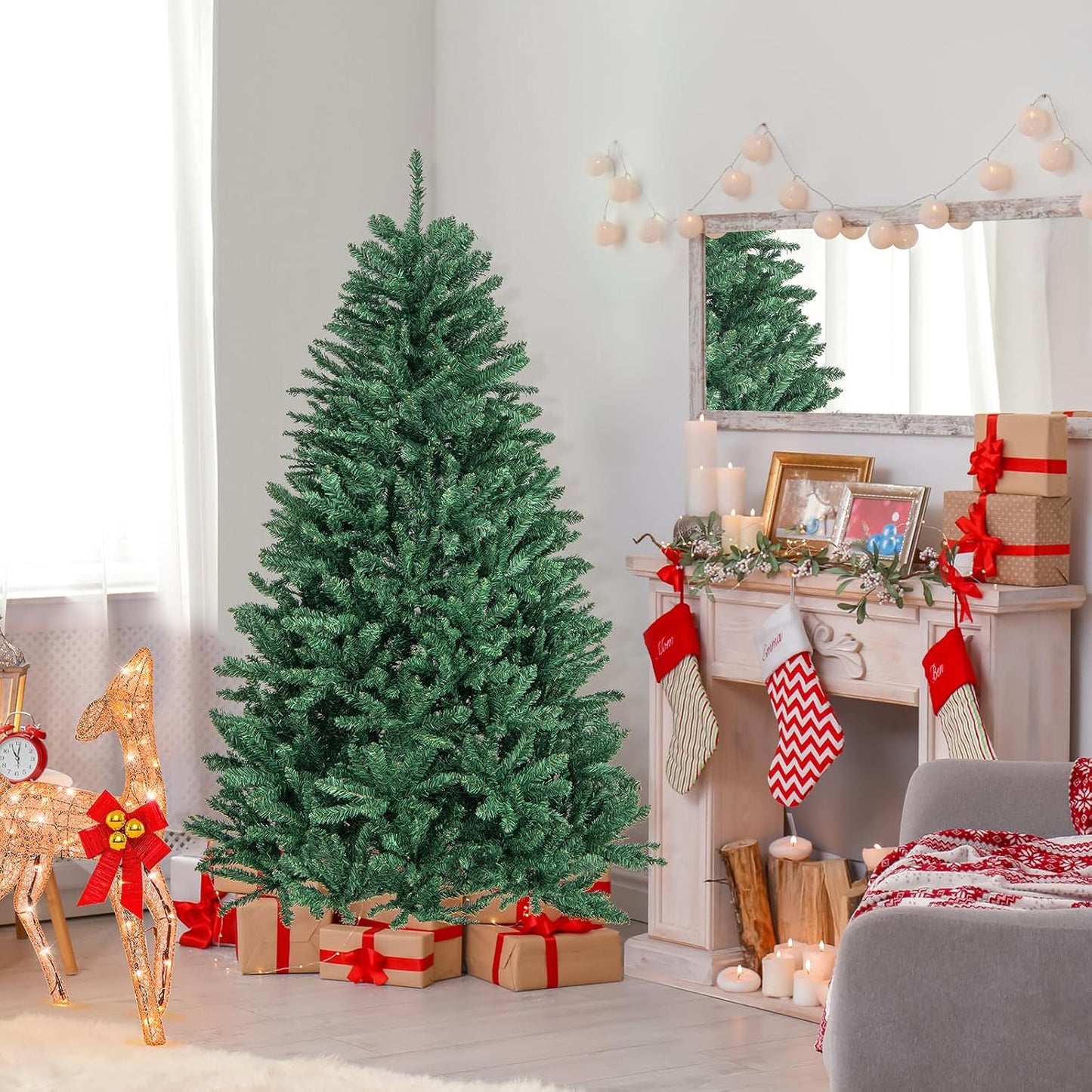Kerstboom Kunstboom Kunstkerstboom Kunstkerstboom Met Verlichting Kerstboom Voor Binnen – 180 cm Hoog – Realistisch Groen PVC – Stevige Metalen Standaard