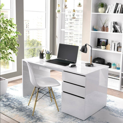 Ardina Desk, Multi-Purpose Office Or Bedroom Desk, Linear Study Table with 2 Drawers And 1 Door, 139X60H75 Cm, Glossy White