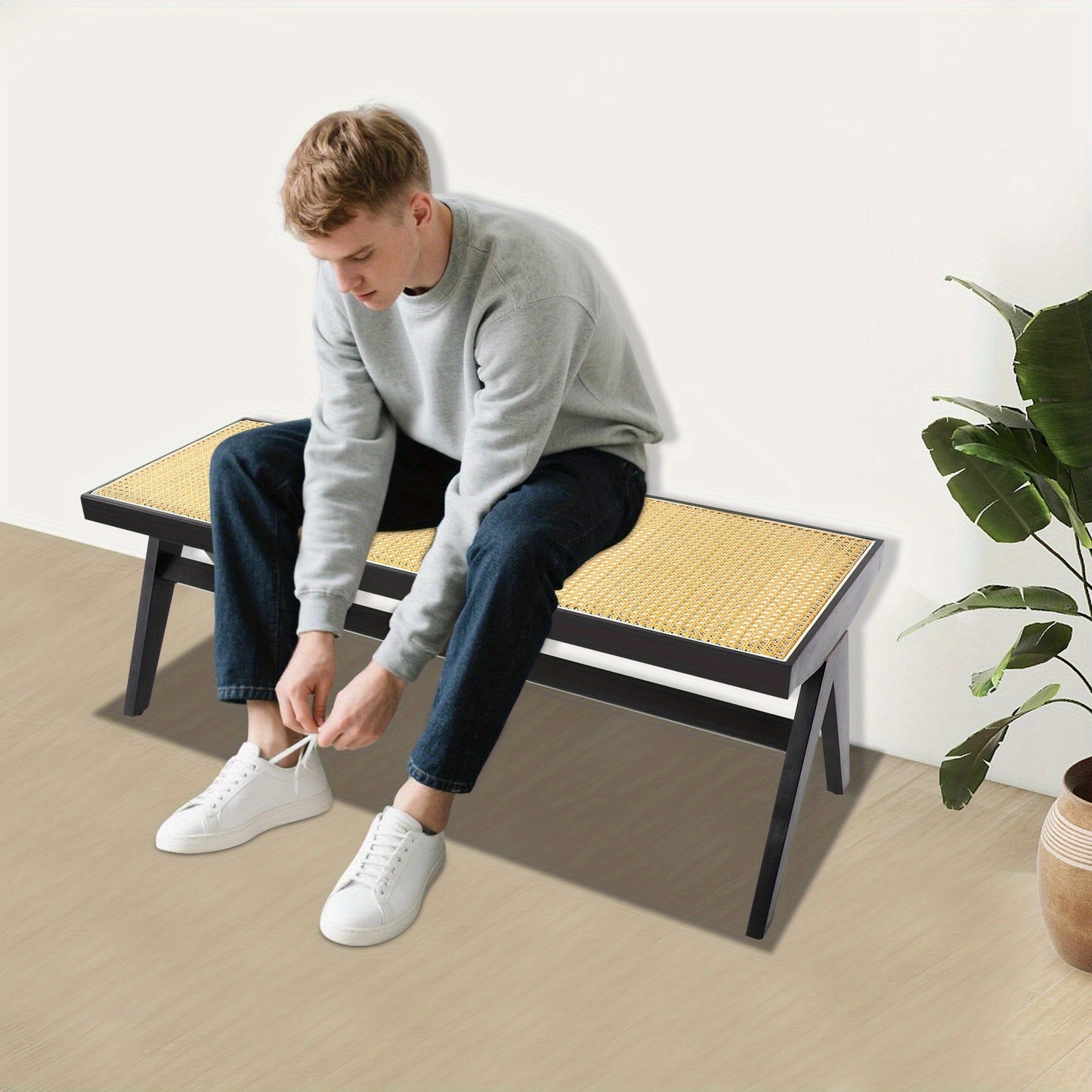 Modern Wicker 3-Seater Entryway Bench with Shoe Storage - Black Rattan Contemporary Low-Profile Furniture, Space-Saving for 3 People, Easy Assembly, Compact for Hallway, Porch, - Stands Alone, No Baseboard Mounting Required