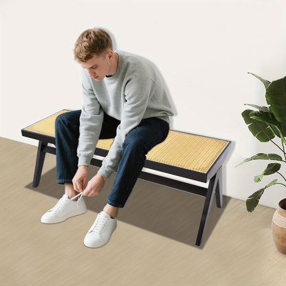 Modern Wicker 3-Seater Entryway Bench with Shoe Storage - Black Rattan Contemporary Low-Profile Furniture, Space-Saving for 3 People, Easy Assembly, Compact for Hallway, Porch, - Stands Alone, No Baseboard Mounting Required
