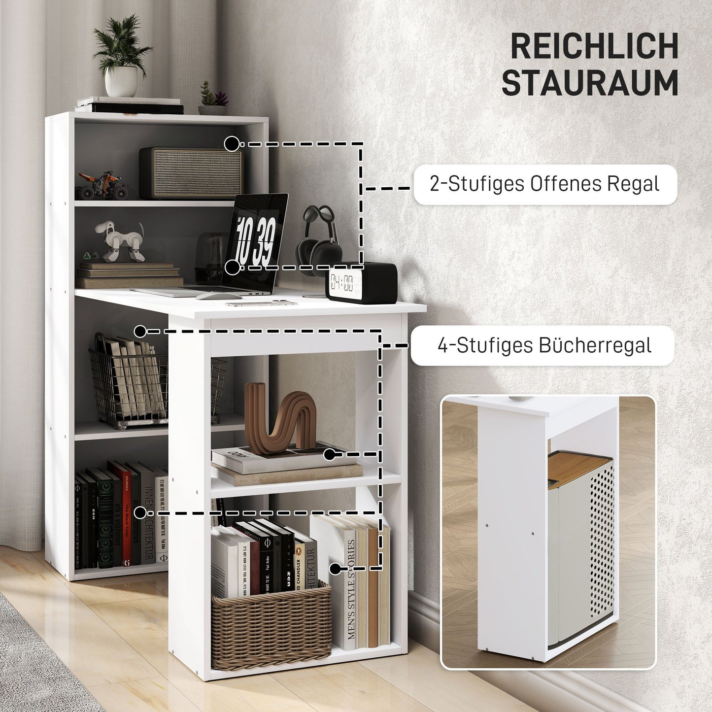 Bureau – Bureautafel – Computertafel – Werktafel – Schrijftafel – Wit – Compact Ontwerp – 6 Opbergvakken