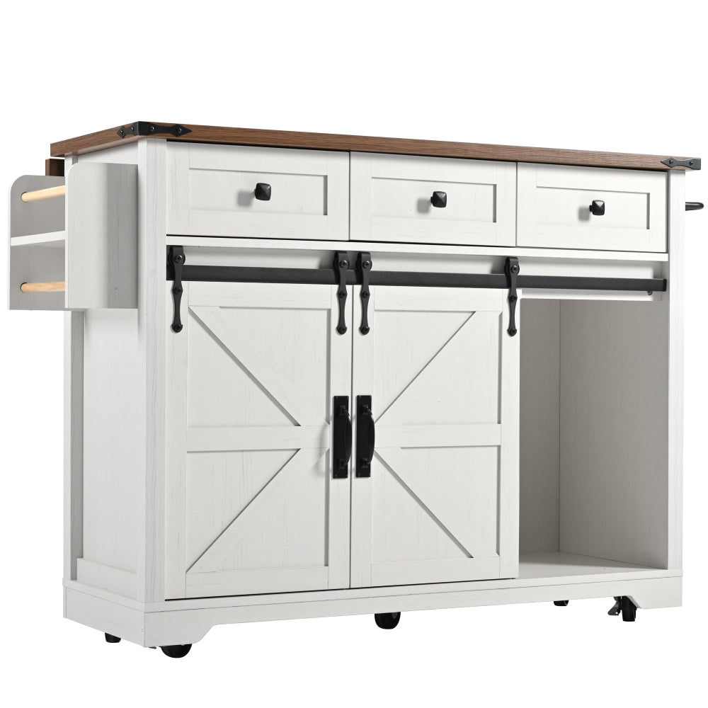 Heavy-Duty Metal Kitchen Island & Dining Cart with Pull-Out Worktop, 2 Sliding Doors & 3 Drawers - Mobile Rolling Cabinet with Woodgrain Finish, & Modern Design, Space-Saving Storage for Small Kitchens, Easy Assembly, No Elec
