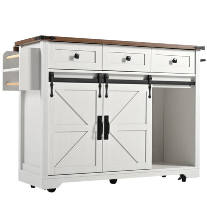 Heavy-Duty Metal Kitchen Island & Dining Cart with Pull-Out Worktop, 2 Sliding Doors & 3 Drawers - Mobile Rolling Cabinet with Woodgrain Finish, & Modern Design, Space-Saving Storage for Small Kitchens, Easy Assembly, No Elec