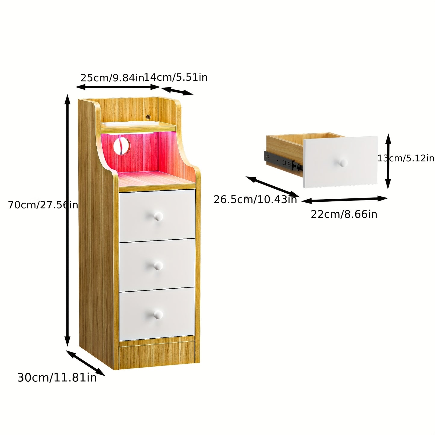 Nachtkastje – Nachtkastjes – Bijzettafel – Ladekast – Smal Kastje – Smal Wit Nachtkastje – 3 Lades & Open Vak – Compact 70 cm Hoog