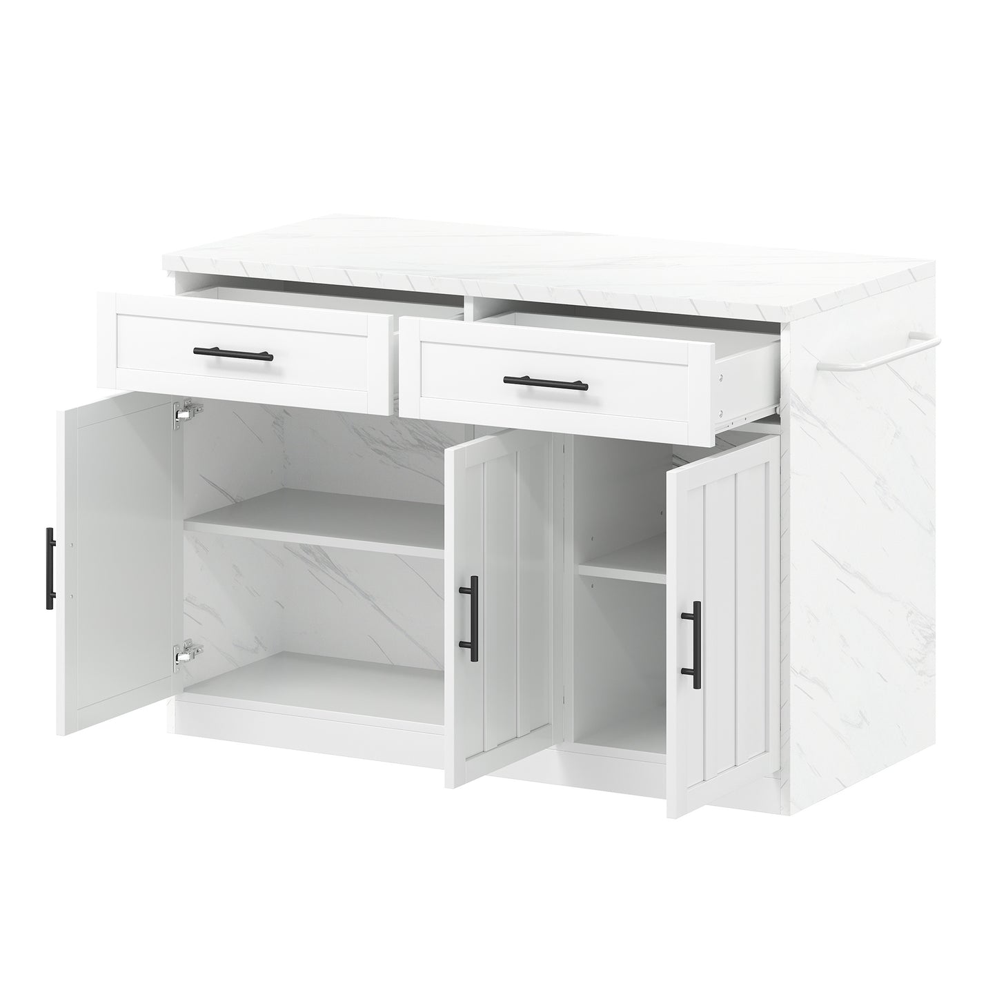 Keukenunit – Keukeneiland – Keukenkast – Werkbank – Ontbijtbar – Compact Model Wit – Marmerlook Werkblad – Veel Opbergruimte