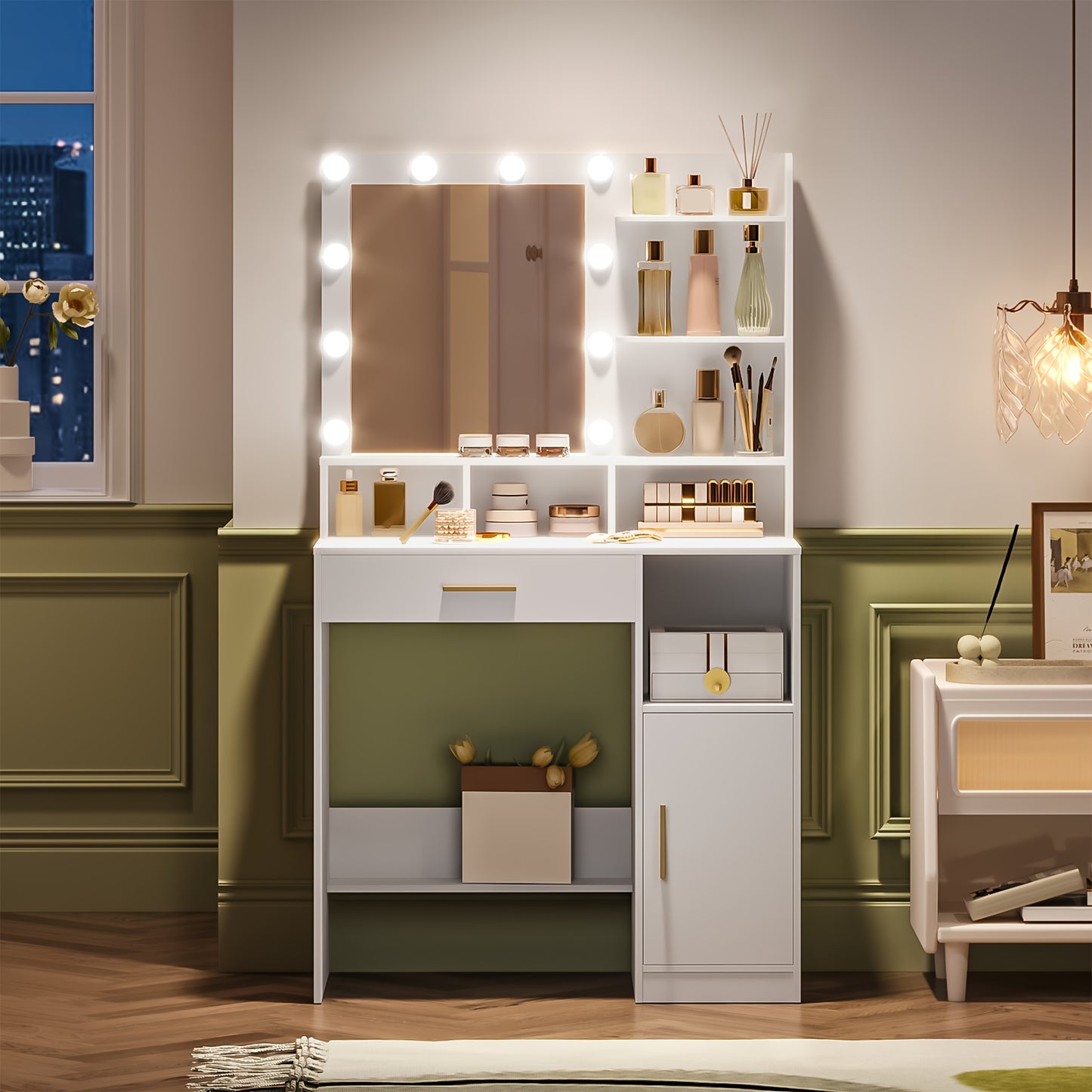Kaptafel – Make-uptafel – Opmaaktafel – Visagietafel – Schoonheidstafel – Met Spiegel & 10 LED Lampen – 3 Planken & 4 Vakken – Wit – MDF – Compact & Inclusief Kruk