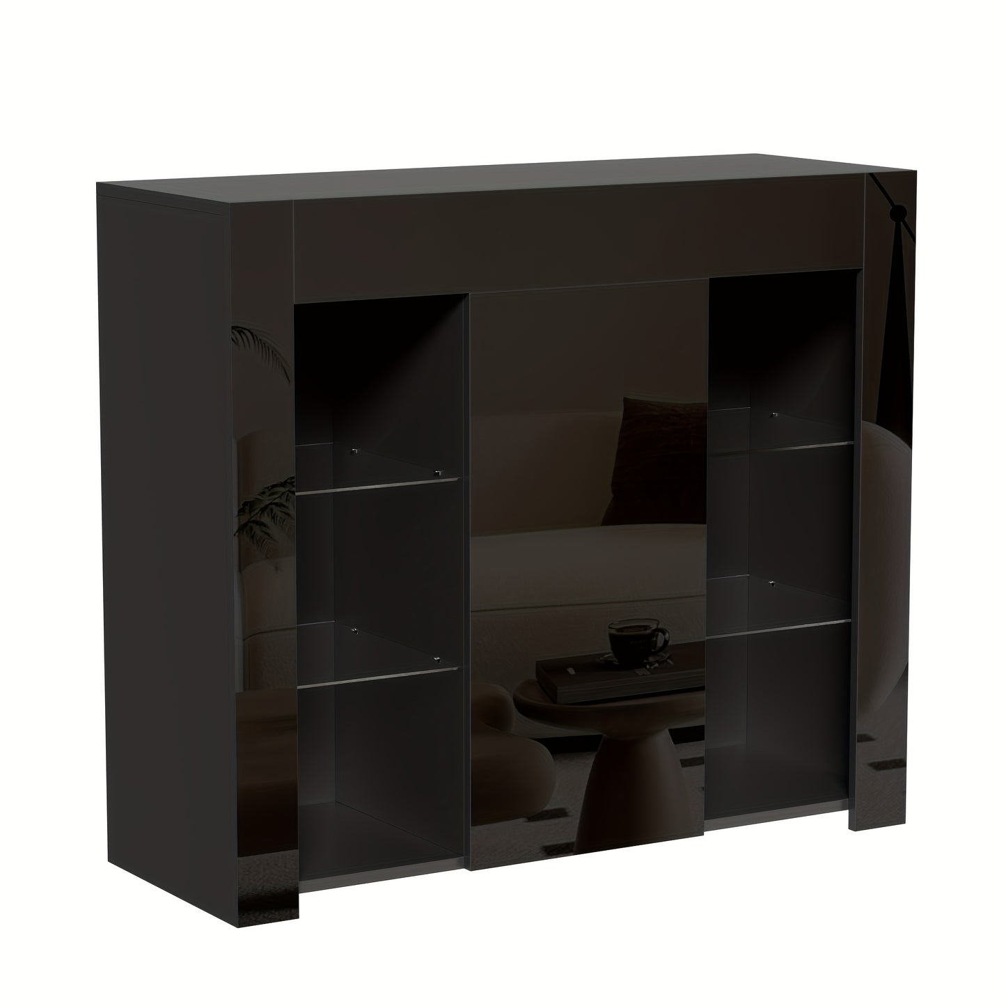 Modern Black Metal Sideboard with Glass Shelves & Doors - High-Gloss Compact Storage Cabinet, Space-Saving Contemporary Furniture for Living Room, Dining Room, Kitchen - 95x35x83cm, Durable Metal Construction & Glass Doors, A
