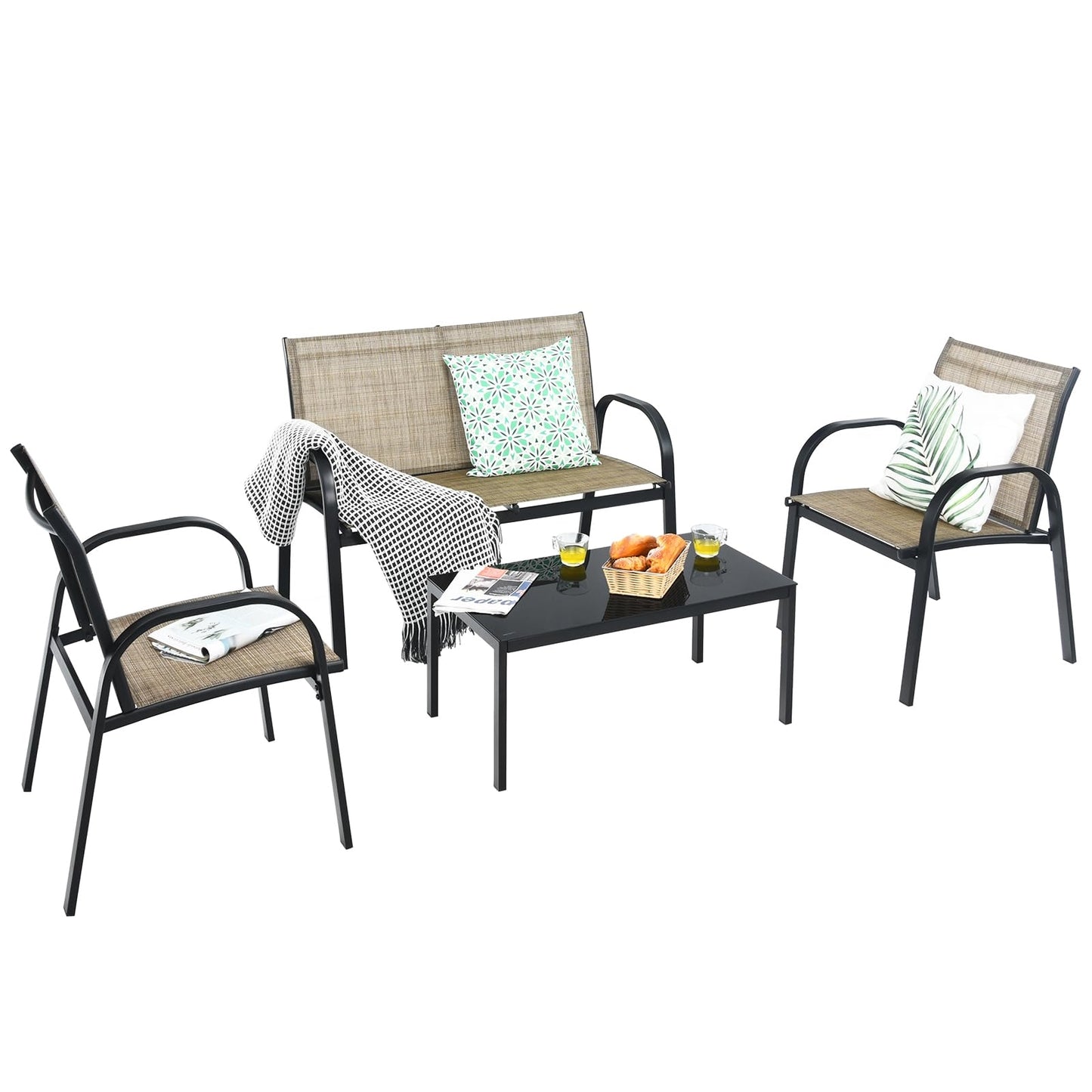 Tuinmeubelset 4-Delig – Tuinset – Loungeset – Balkonmeubilair – Terrasmeubilair – Weerbestendig Metaal – Met Glas – Bruin