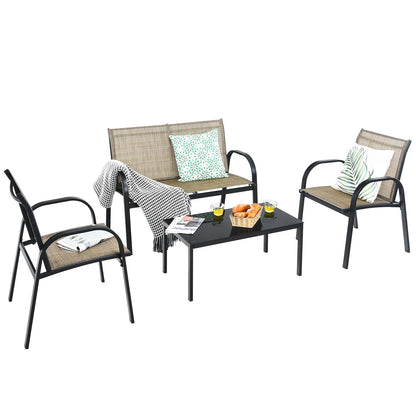 Tuinmeubelset 4-Delig – Tuinset – Loungeset – Balkonmeubilair – Terrasmeubilair – Weerbestendig Metaal – Met Glas – Bruin