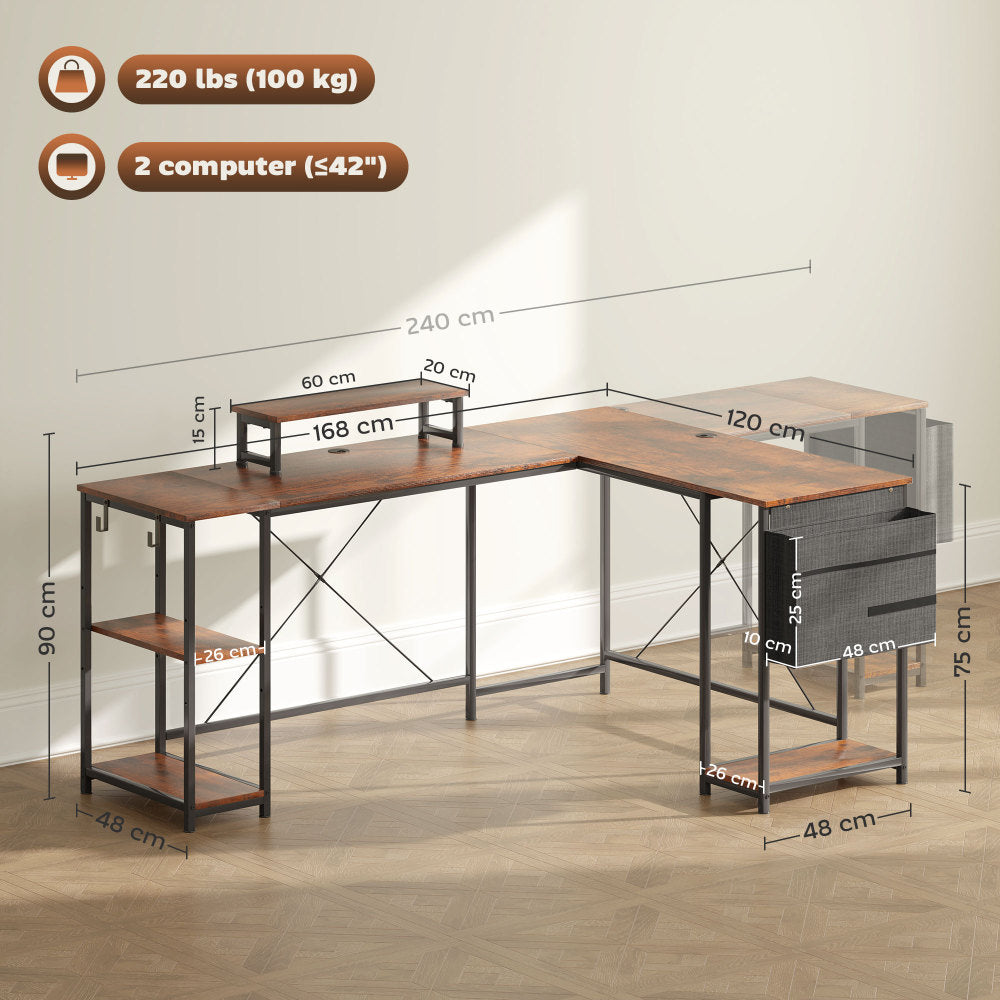 Hoekbureau – L-Vormig Bureau – Werkplek Bureau – Gamingbureau – Bureau Met Opbergruimte – Rustieke Bruine Houtlook – Verstelbare Werkbladlengte Tot 240 cm – Ergonomische Monitorstandaard Voor Schermen Tot 42 Inch