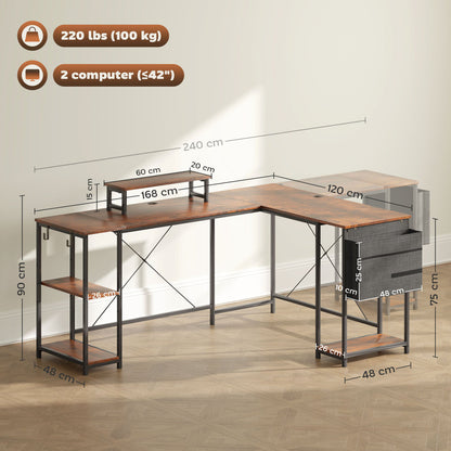 Hoekbureau – L-Vormig Bureau – Werkplek Bureau – Gamingbureau – Bureau Met Opbergruimte – Rustieke Bruine Houtlook – Verstelbare Werkbladlengte Tot 240 cm – Ergonomische Monitorstandaard Voor Schermen Tot 42 Inch