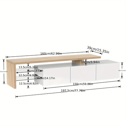 Tv Meubel – TV Kast – TV Meubelkast – Mediameubel – TV Dressoir – Hoogglans Wit – Bamboe Met Glazen Planken – Minimalistisch Ruimtebesparend Design