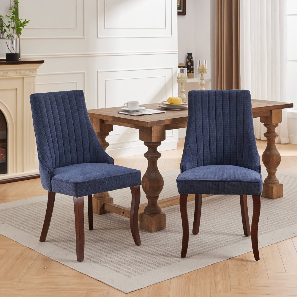 Eetkamerstoel – Keukenstoel – Stoel Voor Comedor – Dining Chair – Accentstoel – Stoffen Bekleding – Stevige Gebogen Houten Poten – Set Van 2 – Blauw
