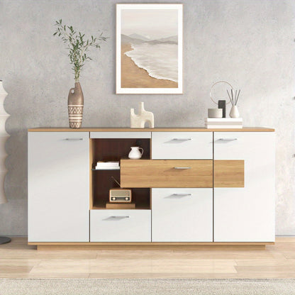 Modern White Wood-Look Foyer Storage Cabinet with 2 Doors, 4 Drawers & Glass Shelves - 160x40x77cm Multifunctional Sideboard for Living Room, Entryway, or Office - Easy Assembly, No Power Needed, Cabinet Storage, Entryway Org