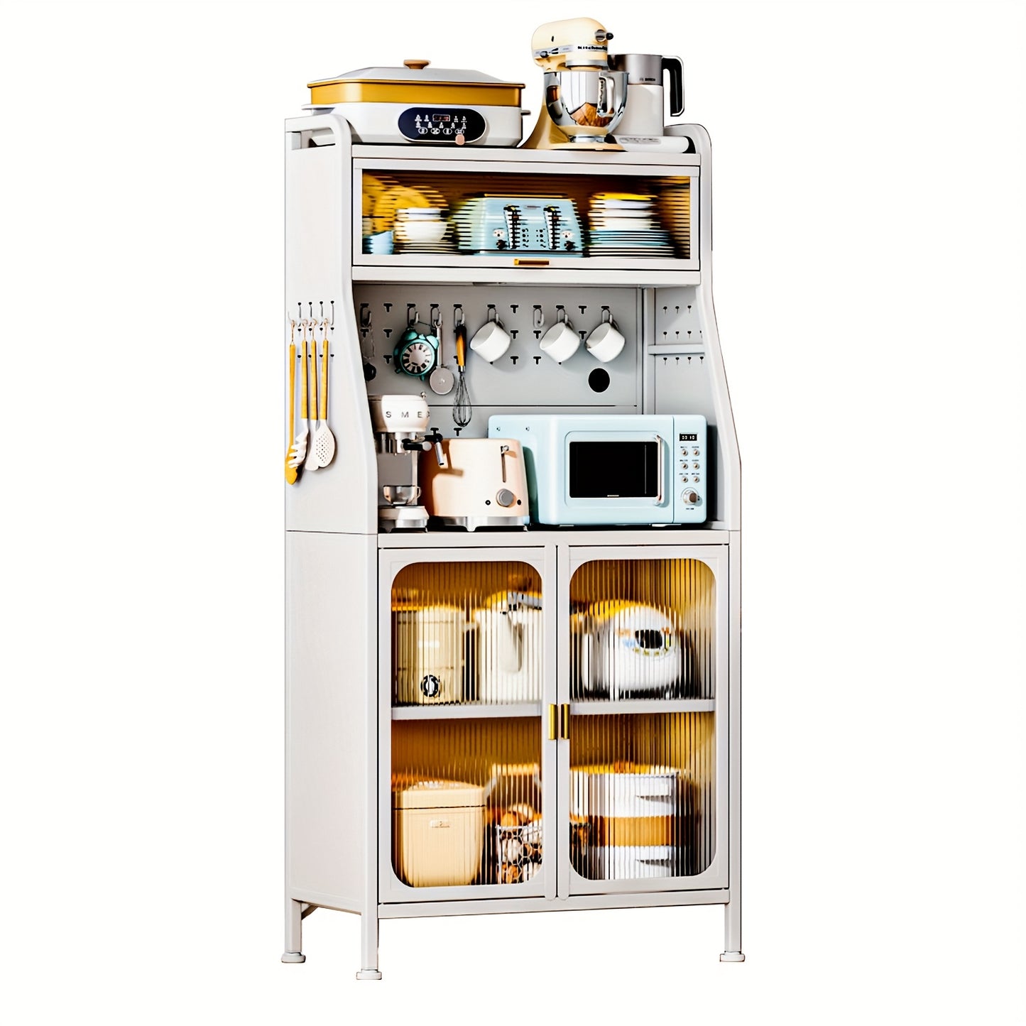 Keukenkast – Voorraadkast – Opbergkast – Buffelkast – Keukenmeubel – Hoog Model 86 cm – Met 5 Verstelbare Planken en Bakers Rack met Magnetron- & Koffiestandaard