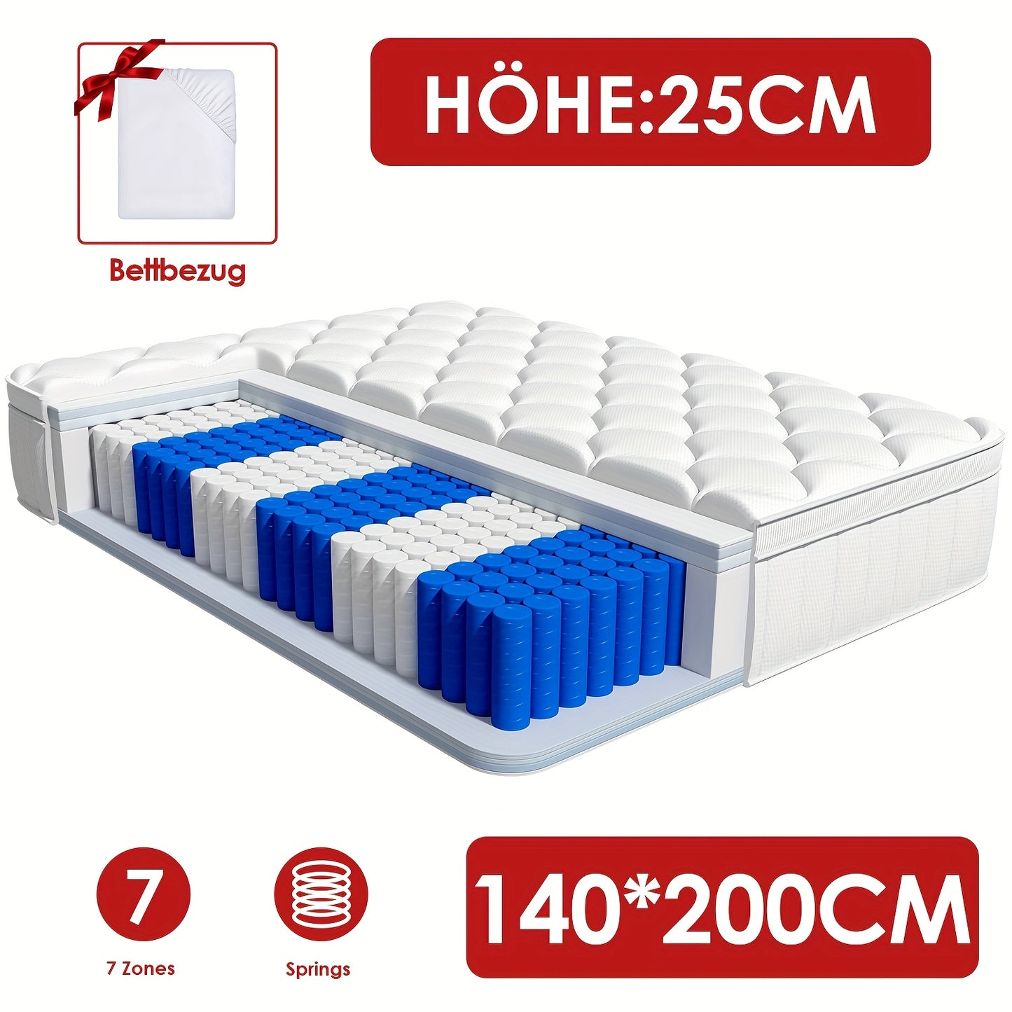 Matras – Pocketveringmatras – Spiraalmatras – Innerspring Matras – Slaapmatras – 140x200 cm – 7 Zones Pocketvering – Medium Stevig (H3)