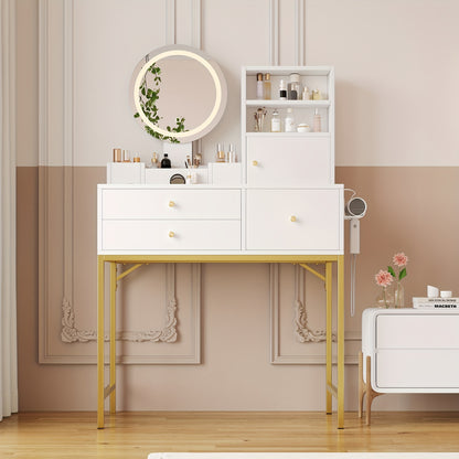 Large Freestanding Dressing Table with Mirror, 3-Drawer Storage & Door Cabinet - Vanity Desk Suitable for, Assembly, Space-Saving, Non-Wood Material (Tabletop Storage, Compact for Small Spaces)