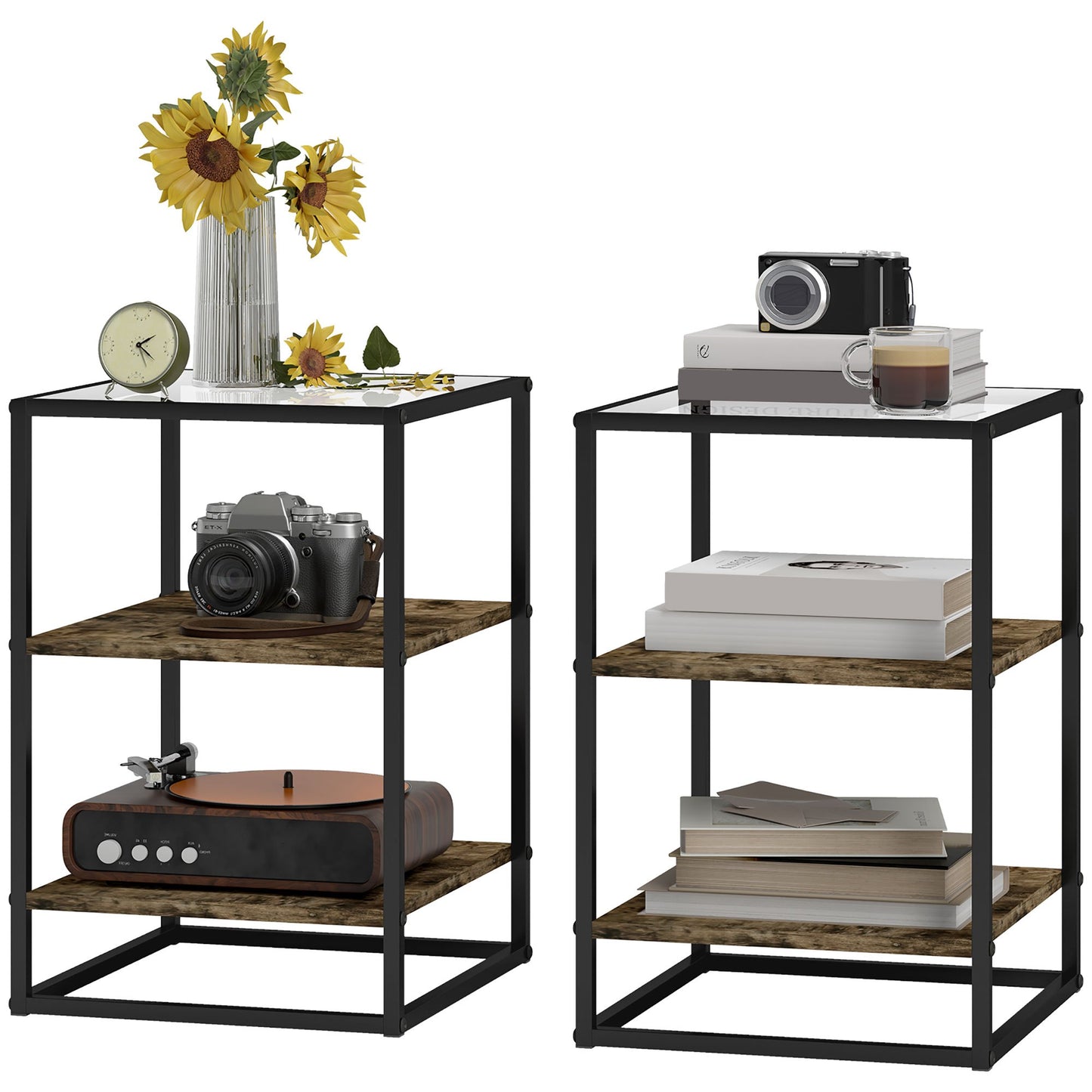 Bijzettafel – Salontafel – Tafeltje – Nachtkastje – 2-delige Set Rustic Brown – Met Glazen Blad – Robuust Metalen Frame – 3-laags Design