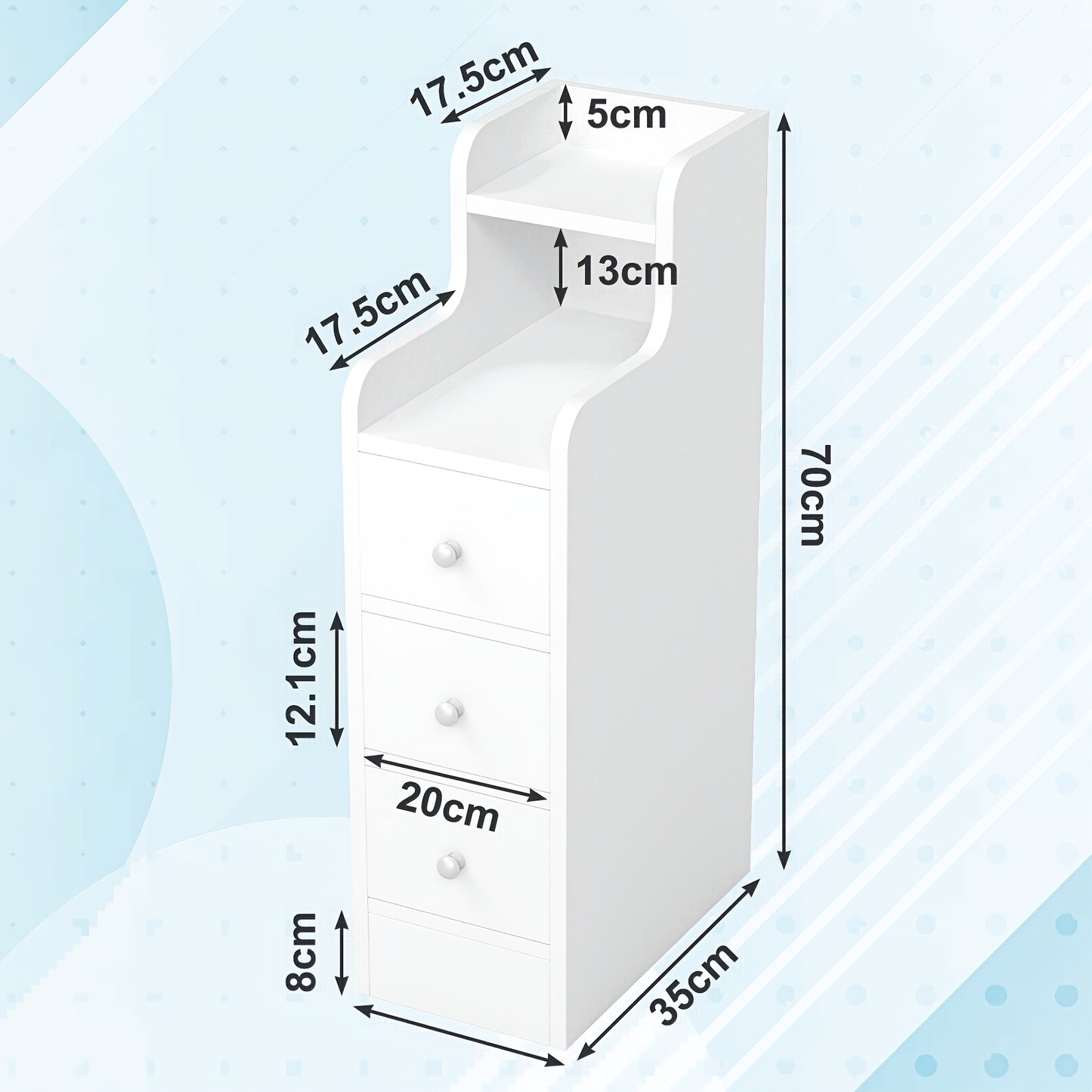 Nachtkastje – Nachtkastjes – Bijzettafel – Ladekast – Bedkastje – Compact Smal Model – 3 Laden – Wit Hardhout – 20x35x70 cm – Ruimtebesparend – Multifunctioneel