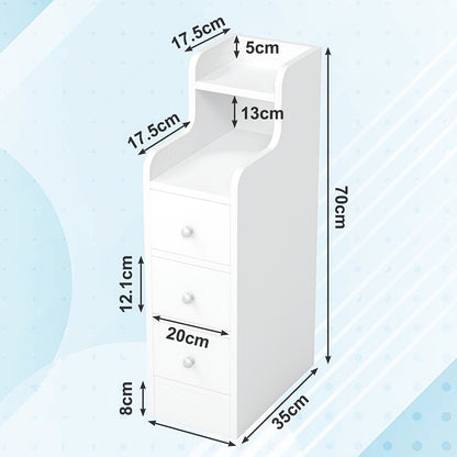 Nachtkastje – Nachtkastjes – Bijzettafel – Ladekast – Bedkastje – Compact Smal Model – 3 Laden – Wit Hardhout – 20x35x70 cm – Ruimtebesparend – Multifunctioneel