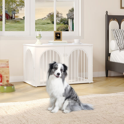 Modern & Black Dog Crate Furniture with 3-Arched Doors & Side Table - Sturdy Iron Construction, Spacious 100x60x63cm Indoor Kennel for Large Dogs, Durable Pet House with Storage Shelf, Decorative & Functional Design for Home - QUORE
