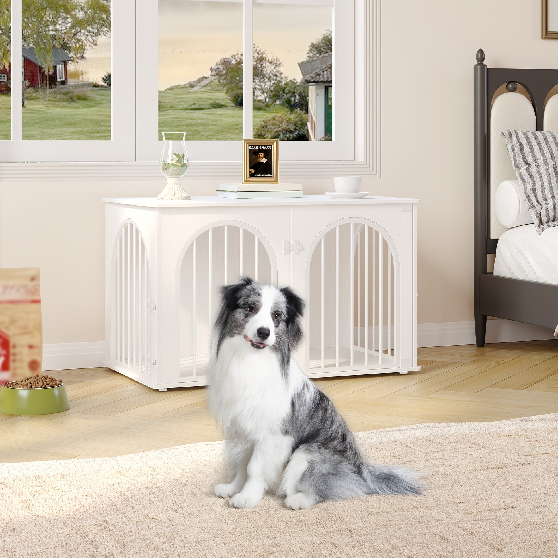 Modern & Black Dog Crate Furniture with 3-Arched Doors & Side Table - Sturdy Iron Construction, Spacious 100x60x63cm Indoor Kennel for Large Dogs, Durable Pet House with Storage Shelf, Decorative & Functional Design for Home - QUORE