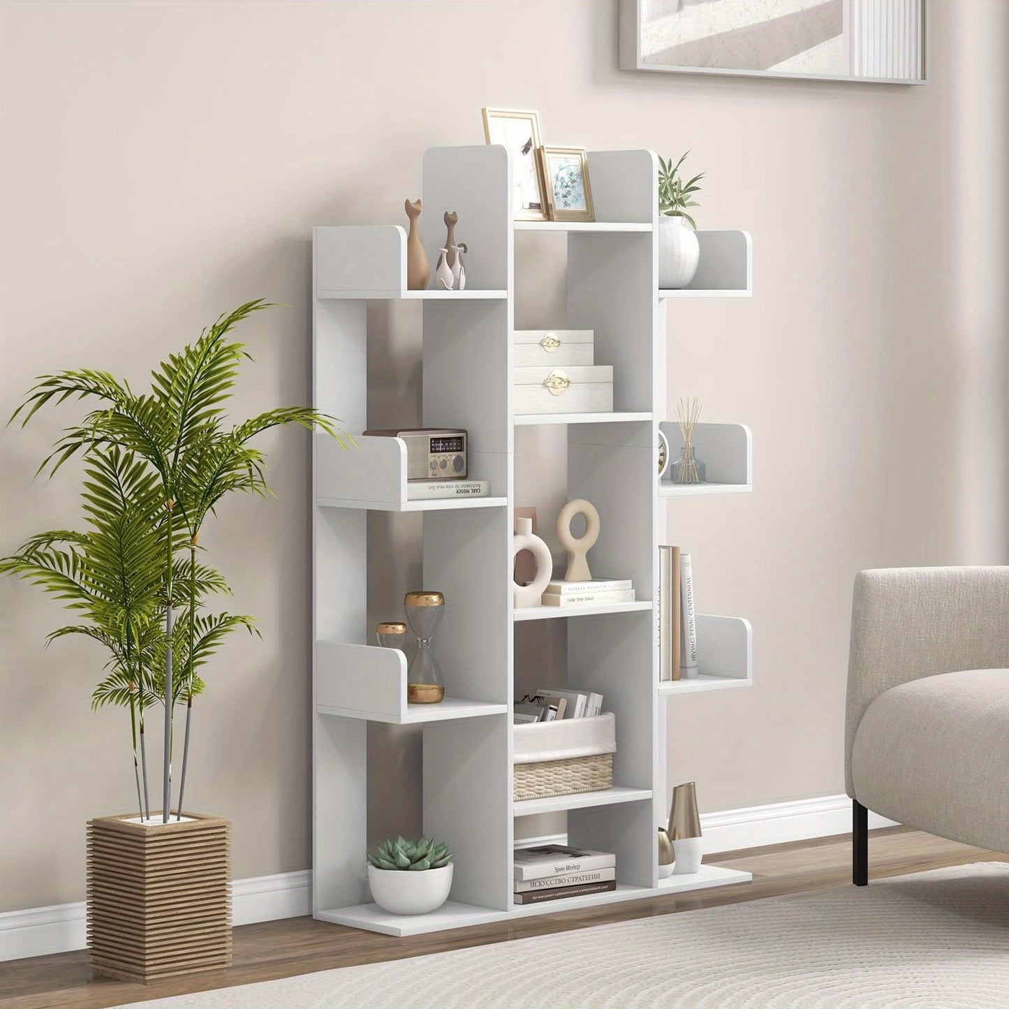 Boekenplank – Boekenkast – Wandplank – Boekenrek – Wandrek – Boomvormig Design – 13 Open Vakken – Wit Hout – Inclusief Anti-Kantel Beugels – 86x24x141 cm