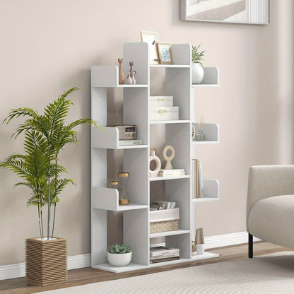 Boekenplank – Boekenkast – Wandplank – Boekenrek – Wandrek – Boomvormig Design – 13 Open Vakken – Wit Hout – Inclusief Anti-Kantel Beugels – 86x24x141 cm