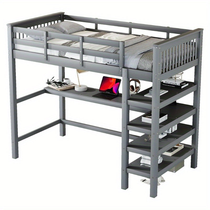 Hoogslaper – Loftbed – Stapelbed – Kinderbed – Eenpersoonsbed – Met Bureau en Opbergrekken – Metalen Stijlvol Frame – Ruimtebesparend Design – Grijs – Stevig en Duurzaam