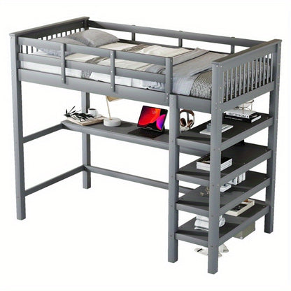 Hoogslaper – Loftbed – Stapelbed – Kinderbed – Eenpersoonsbed – Met Bureau en Opbergrekken – Metalen Stijlvol Frame – Ruimtebesparend Design – Grijs – Stevig en Duurzaam