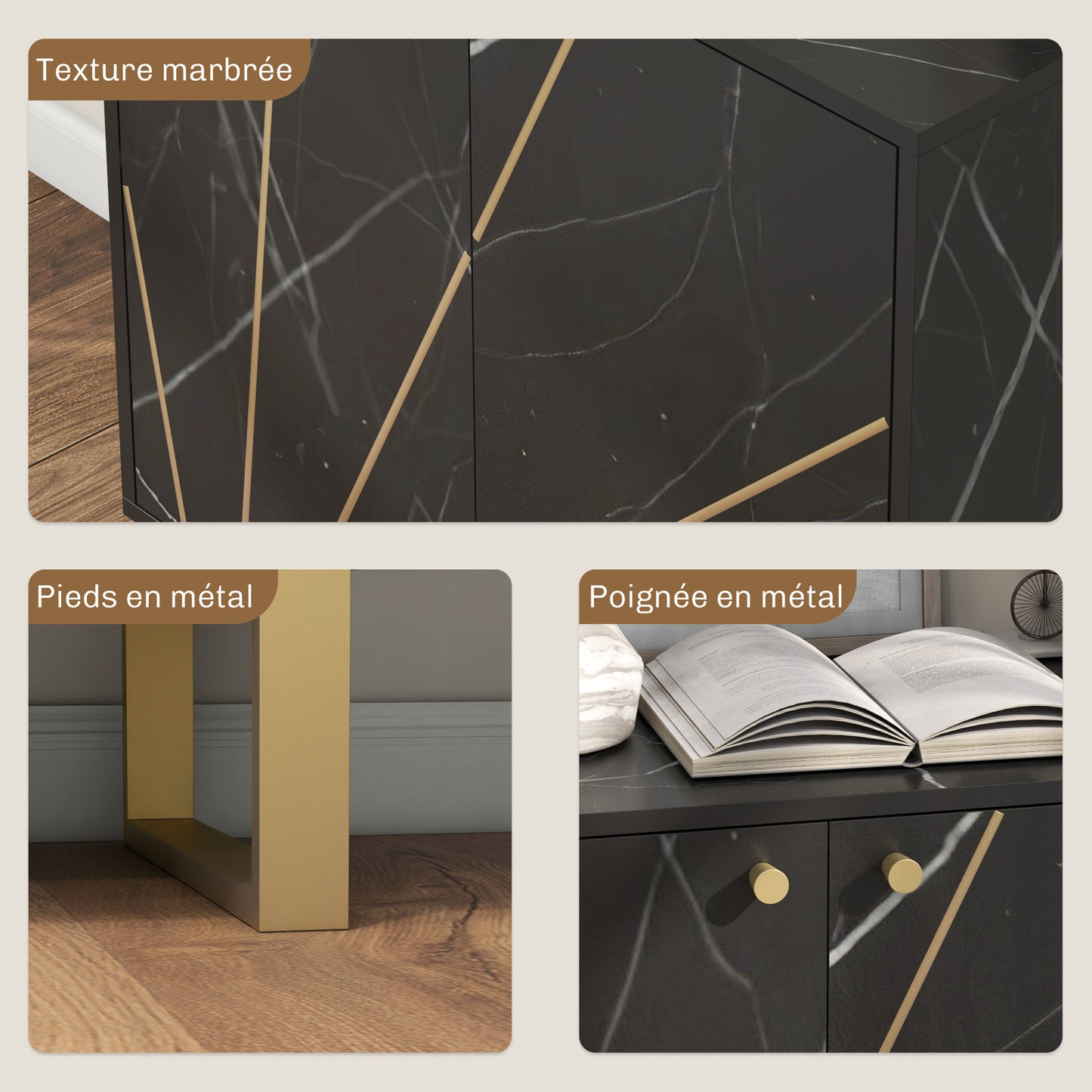 Buffetkast – Opbergkast – Dressoir – Kast – Kast Met Deuren – Zwarte Marmerlook – Verstelbare Plank – Metalen Poten – Compact 76x35x77 cm