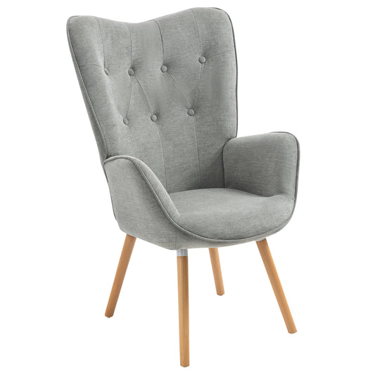 Fauteuil Scandinavisch – Zithoekstoel – Leunstoel – Lounge Chair – Relaxstoel – Grijs Stof – Houten Armleuningen – Afmeting 66x71x109 cm