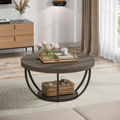 Salontafel – Woonkamertafel – Koffietafel – Bijzettafel – Tafel – 32 Inch Rond – Industrieel Design – Tweelaags Opbergruimte – Stevig Gelamineerd Hout – Grijs Zwart