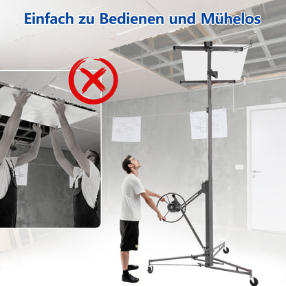 Gipsplaatlift – Gyproc Lifter – Plaatlift – Platenheffer – Montagehulp – Verstelbaar 140-350 cm – 3 Remwielen & 60° Kantelbaar – Stalen Frame Grijs