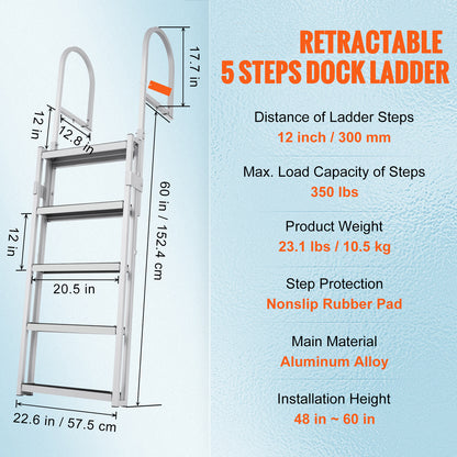 Steigerladder – Steigertrap – Bootladder – Dockladder – Aluminium Ladder – Verstelbare Hoogte 170-200 cm – 5 Antislip Treden