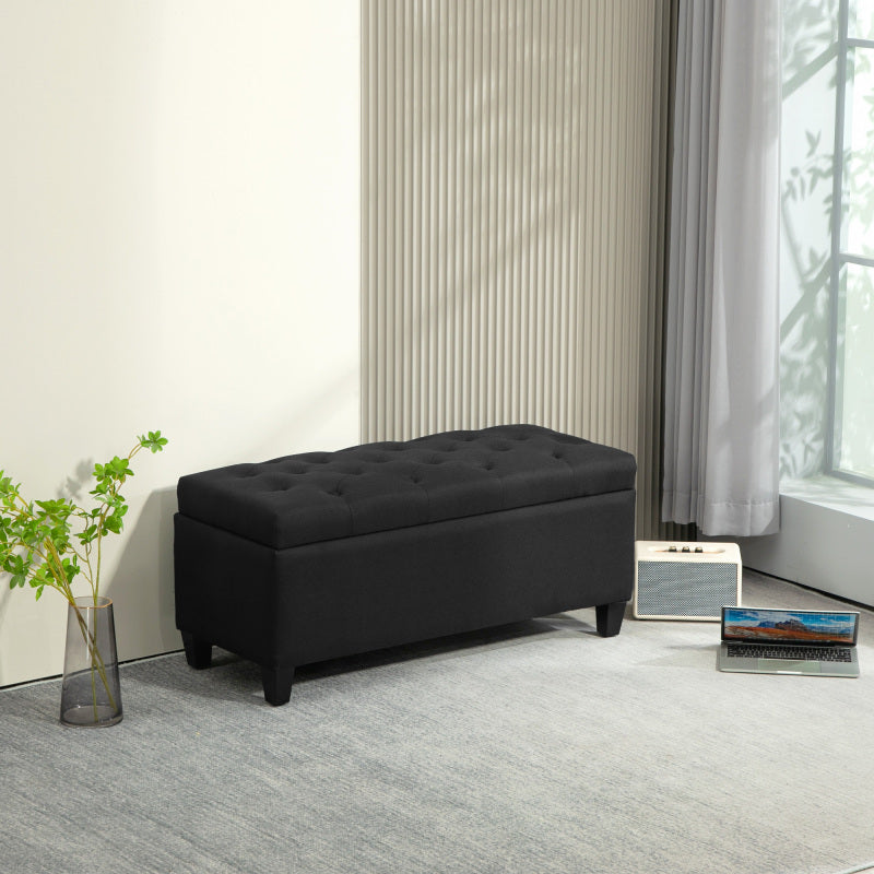 HOMCOM Sitzbank Polsterbank mit Stauraum Truhenbank Flur Schlafzimmer Wohnzimmer leinenartiges Polyester Gummiholz Schwarz 100 x 40 x 44cm