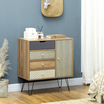 Bohemian Style HOMCOM 4-Drawer Dresser with 1 Cabinet - Hairpin Legs - Brown, 79 x 39 x 86 cm