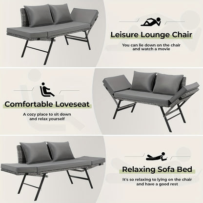 Tuinbank – Tweezitsbank – Loungesofa – Rattanbank – Balkonbank – Verstelbare Rugleuning – Weerbestendig PE Polyrattan – Grijs Rattan + Grijze Mat