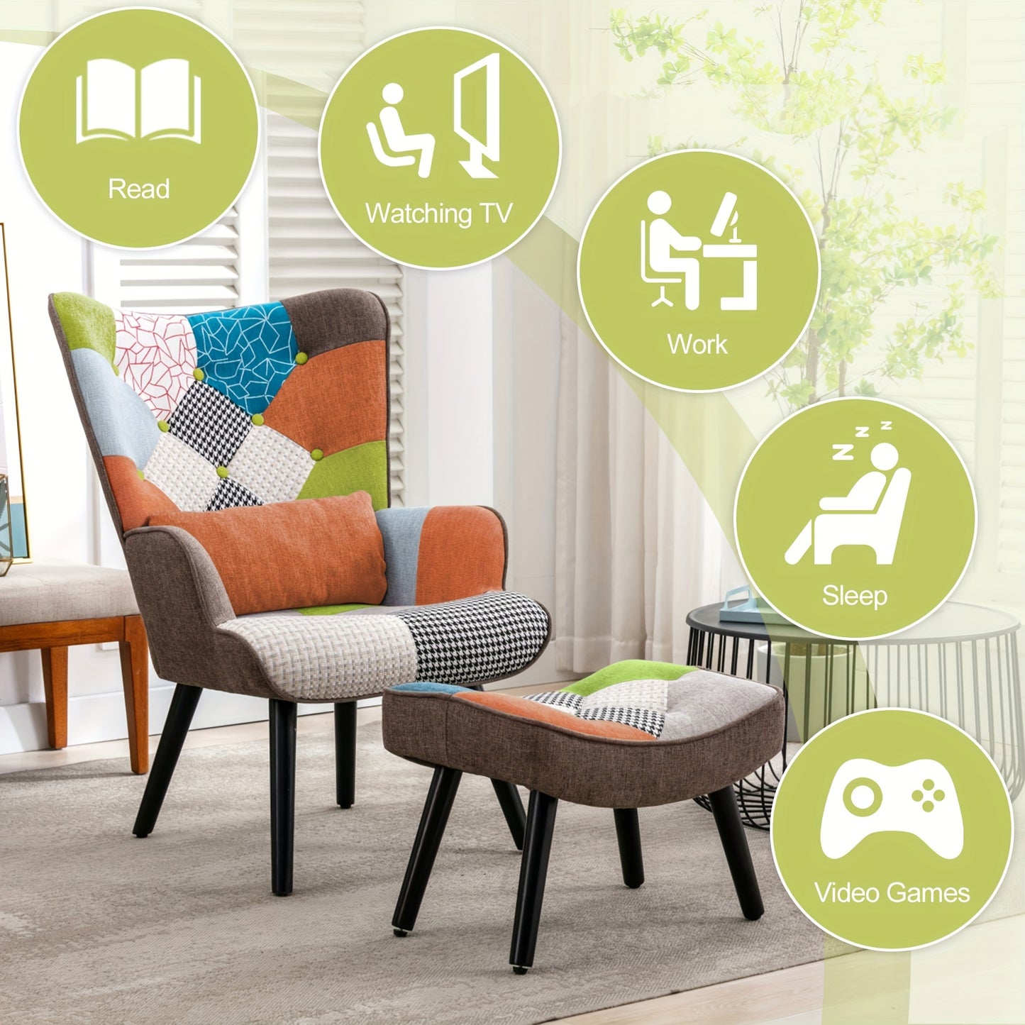 Relaxfauteuil – Fauteuil – Loungefauteuil – Leunstoel – Tv-fauteuil – Patchwork Design – Inclusief Lendenkussen – Linnen Bekleding – Massief Houten Poten – Oranje