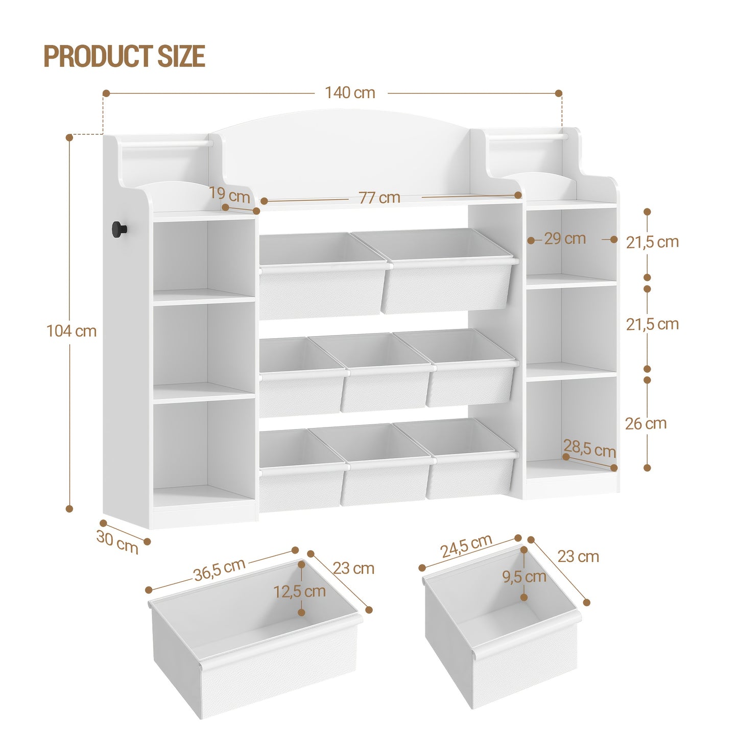 Boekenkast – Boekenrek – Opbergkast – Vakkenkast – Kinderboekenkast – 140x30x100 cm – Houten Constructie – 8 Stoffen Lades