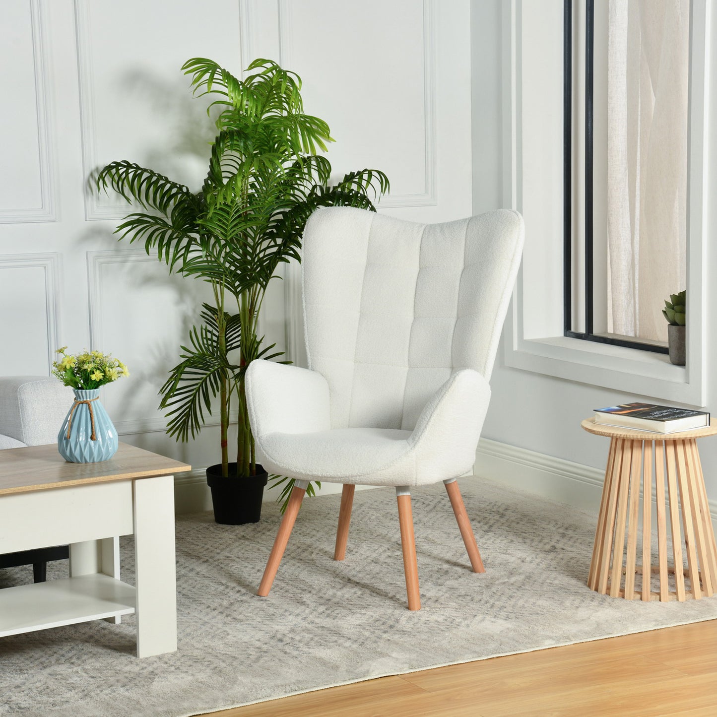 Scandinavische Fauteuil – Leunstoel – Armstoel – Stoel – Zithoekstoel – Witte Stoffering – Gevuld Met Zachte Schuimrug – 66x71x109 cm