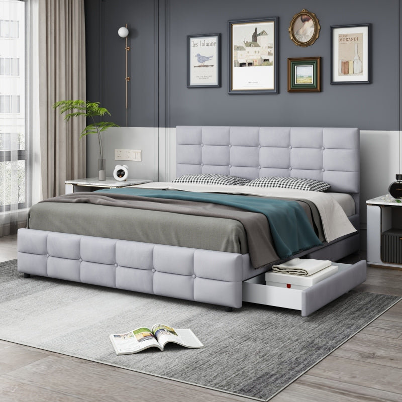 Tweepersoonsbed – Bed met opberglades – Platformbed – Slaapbank – Met opbergruimte – Grijs linnen – 4 royale lades – Stevig metalen frame – 140x200 cm – Geen montage nodig