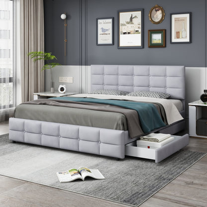 Tweepersoonsbed – Bed met opberglades – Platformbed – Slaapbank – Met opbergruimte – Grijs linnen – 4 royale lades – Stevig metalen frame – 140x200 cm – Geen montage nodig
